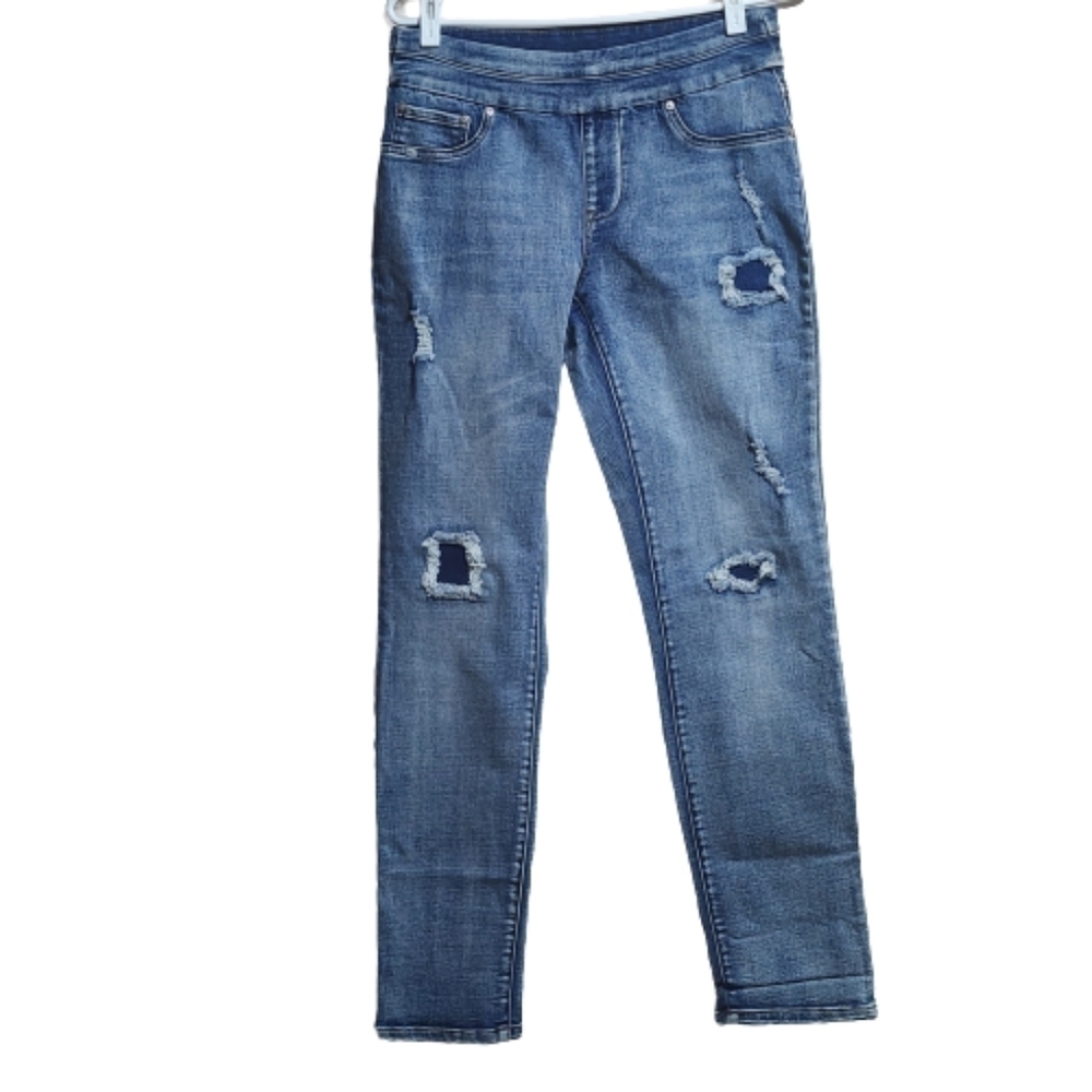 Tribal jeans distressed denim high rise boy friend streched blue jeans  size 6